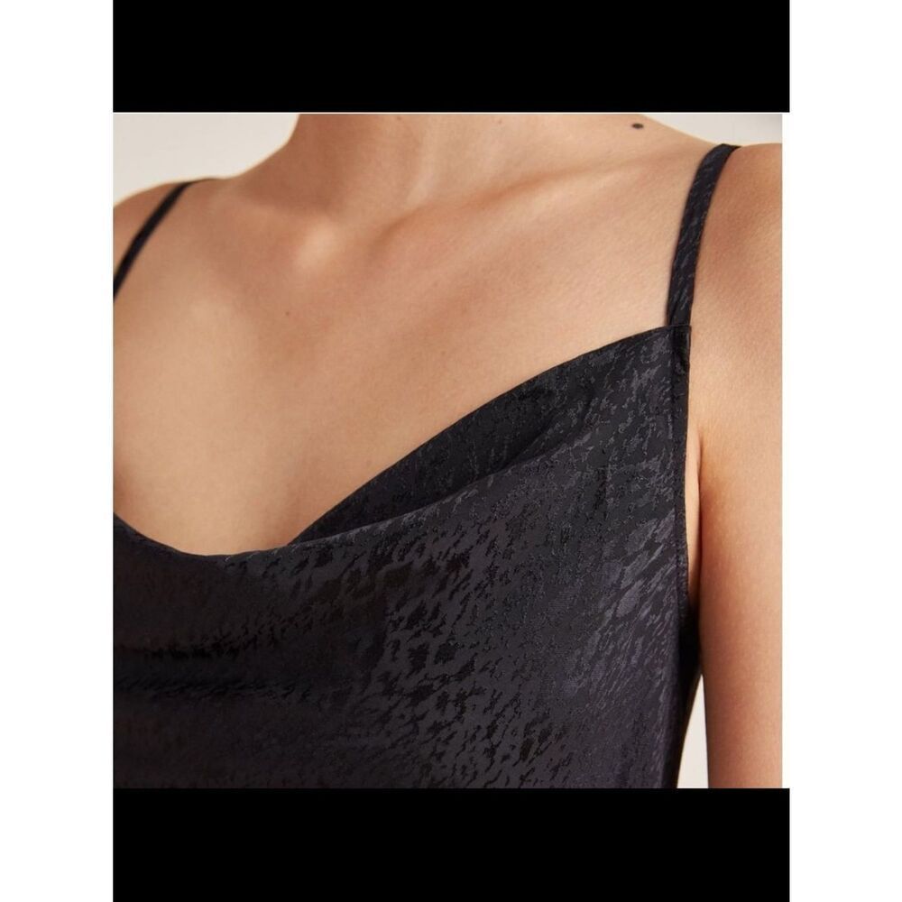 Anthropologie Black Satin Jacquard Slip Midi Dress Cowl Neck Side Slit Strappy 6 - Picture 2 of 8